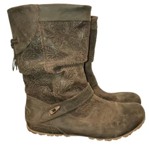 Merrell Leather Boots Floral Embossed Accent Strap Cosplay Comfort Brown