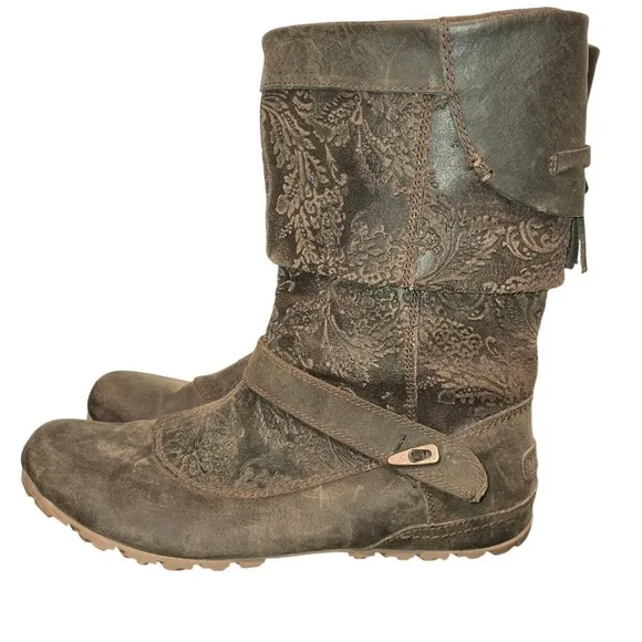 Merrell Leather Boots Floral Embossed Accent Strap Cosplay Comfort Brown