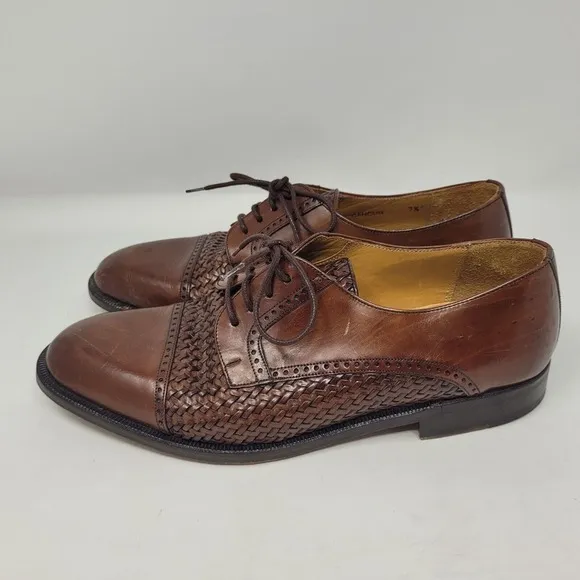Mezlan Shoes Mens 7.5M Brown Leather Woven Cap Toe Derby Cancun