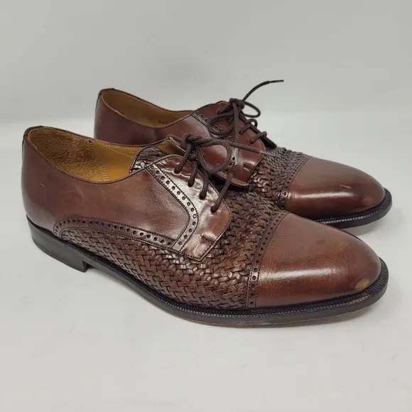 Mezlan Shoes Mens 7.5M Brown Leather Woven Cap Toe Derby Cancun