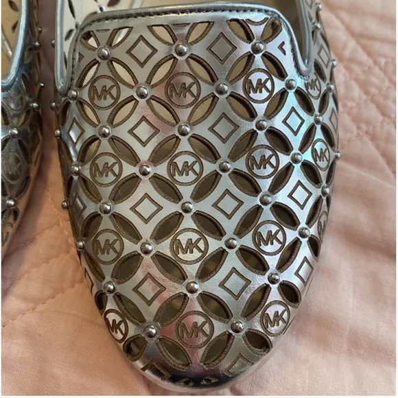 Michael by Michael Kors Silver Leather Lattice Women Loafers Flats 8.5