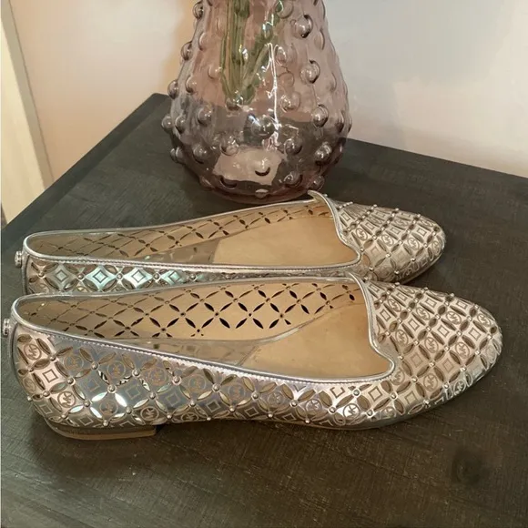 Michael by Michael Kors Silver Leather Lattice Women Loafers Flats 8.5