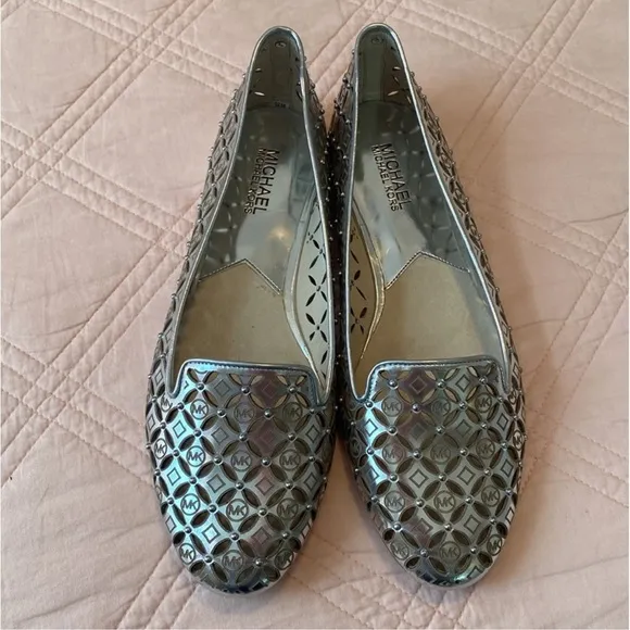 Michael by Michael Kors Silver Leather Lattice Women Loafers Flats 8.5