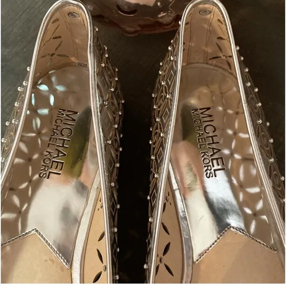 Michael by Michael Kors Silver Leather Lattice Women Loafers Flats 8.5