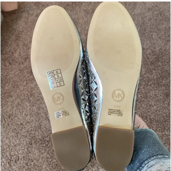 Michael by Michael Kors Silver Leather Lattice Women Loafers Flats 8.5