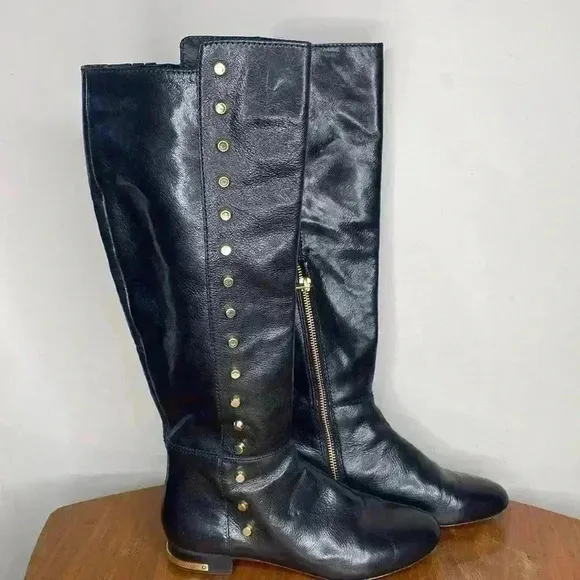 Michael Kors 5.5 STUDDED Leather Boots AILEE $250 Knee High Flat Black Gold