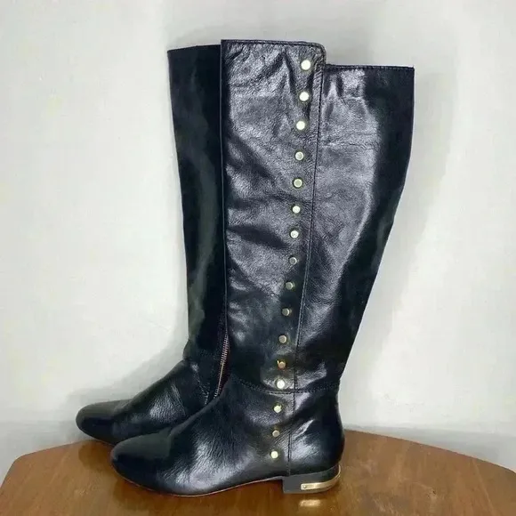 Michael Kors 5.5 STUDDED Leather Boots AILEE $250 Knee High Flat Black Gold