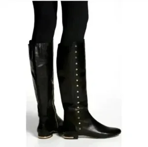 Michael Kors 5.5 STUDDED Leather Boots AILEE $250 Knee High Flat Black Gold