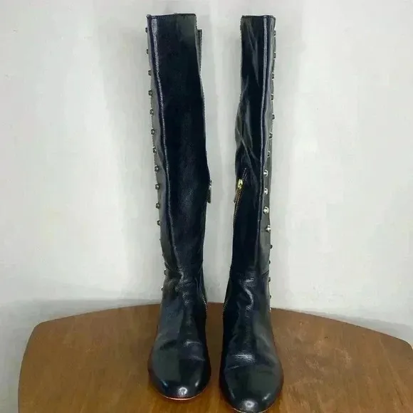 Michael Kors 5.5 STUDDED Leather Boots AILEE $250 Knee High Flat Black Gold