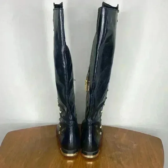 Michael Kors 5.5 STUDDED Leather Boots AILEE $250 Knee High Flat Black Gold
