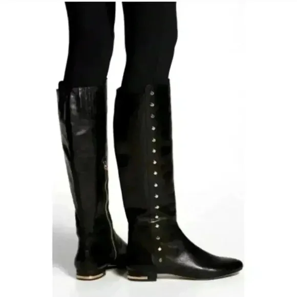 Michael Kors 5.5 STUDDED Leather Boots AILEE $250 Knee High Flat Black Gold