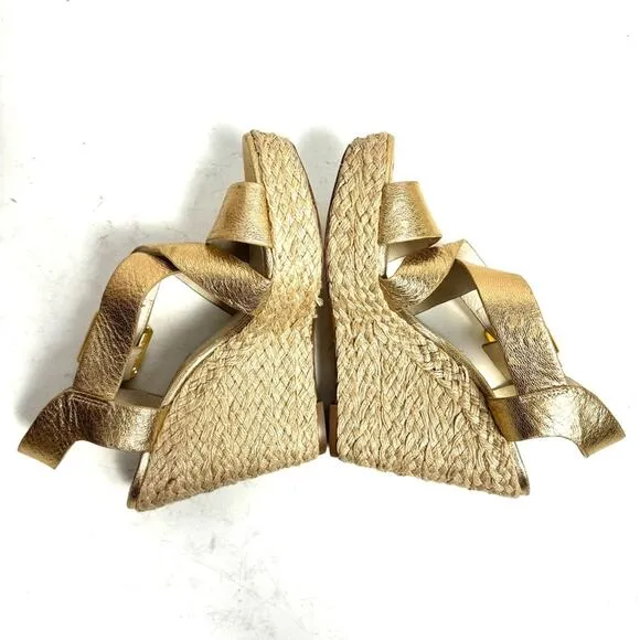Michael Kors Espadrille Wedge Heel Sandals Metallic Gold Woven Leather Size 6