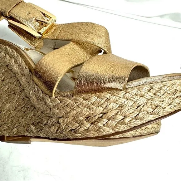 Michael Kors Espadrille Wedge Heel Sandals Metallic Gold Woven Leather Size 6