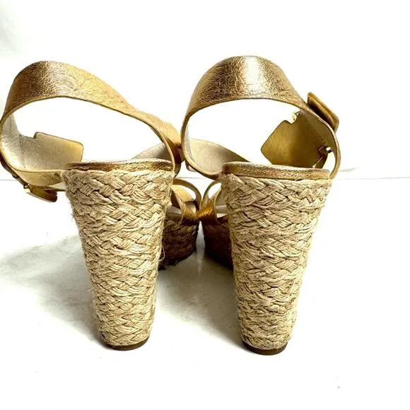 Michael Kors Espadrille Wedge Heel Sandals Metallic Gold Woven Leather Size 6