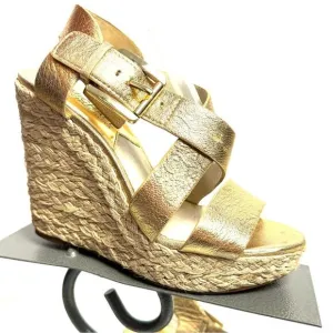 Michael Kors Espadrille Wedge Heel Sandals Metallic Gold Woven Leather Size 6