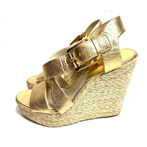 Michael Kors Espadrille Wedge Heel Sandals Metallic Gold Woven Leather Size 6