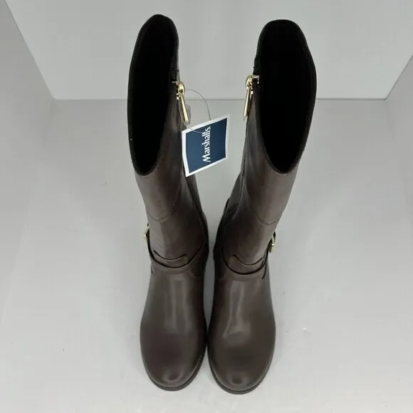 Michael Kors Girls Brown Flat Fully Zip Gold MK Logo Tone Size 3 Riding Boots