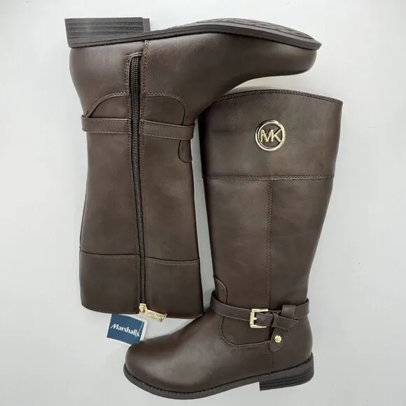 Michael Kors Girls Brown Flat Fully Zip Gold MK Logo Tone Size 3 Riding Boots