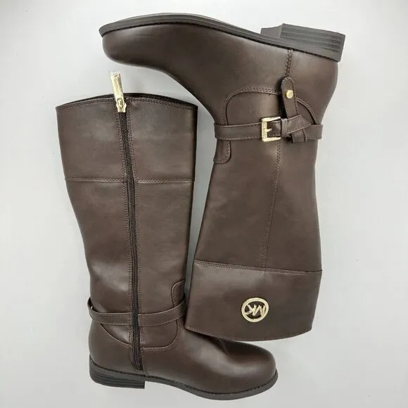 Michael Kors Girls Brown Flat Fully Zip Gold MK Logo Tone Size 3 Riding Boots