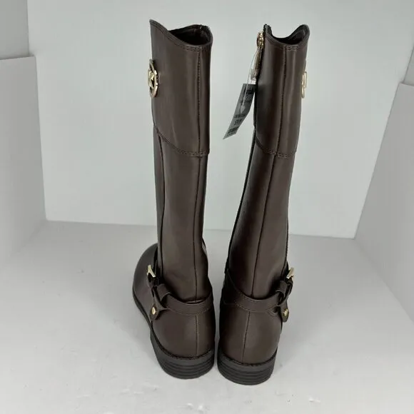 Michael Kors Girls Brown Flat Fully Zip Gold MK Logo Tone Size 3 Riding Boots
