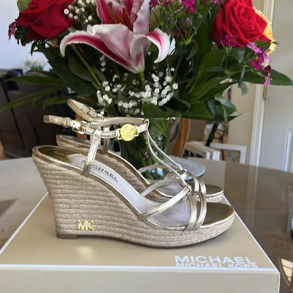 Michael Kors Gold Espadrille Wedges, 8