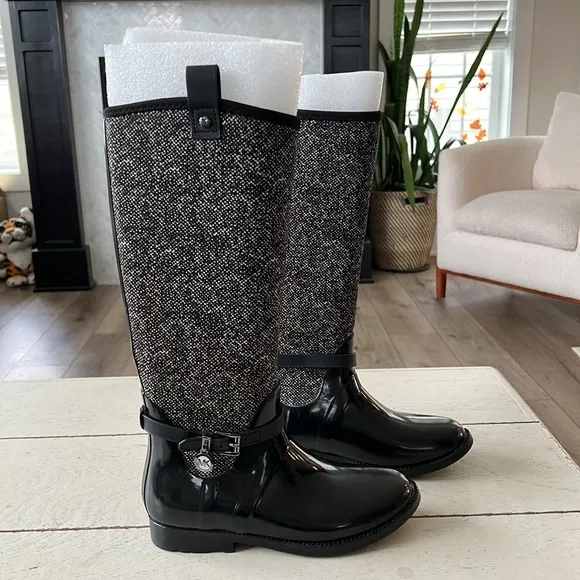Michael Kors Harness Black &amp; White Print Knee-High Tall Rubber Rain Boots Size 7