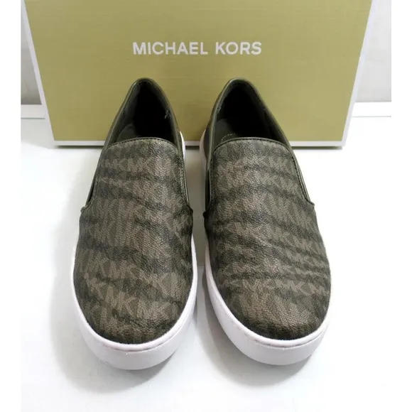Michael Kors Keaton Slip On Sneakers MK Signature Olive Green Size 7.5