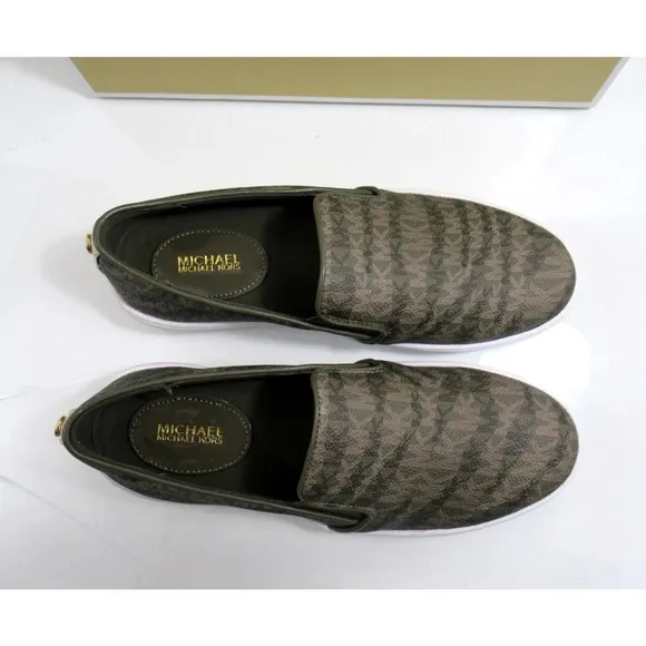 Michael Kors Keaton Slip On Sneakers MK Signature Olive Green Size 7.5