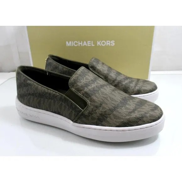 Michael Kors Keaton Slip On Sneakers MK Signature Olive Green Size 7.5