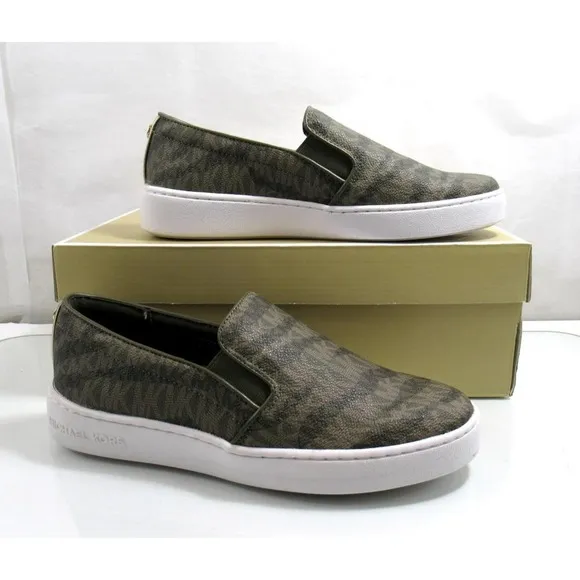 Michael Kors Keaton Slip On Sneakers MK Signature Olive Green Size 7.5