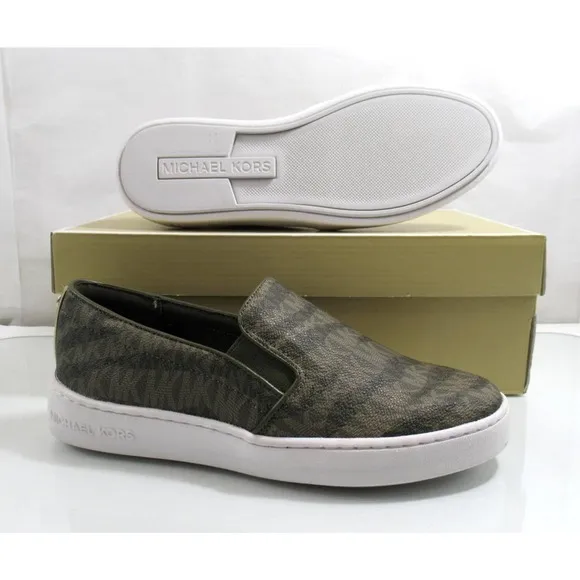 Michael Kors Keaton Slip On Sneakers MK Signature Olive Green Size 7.5
