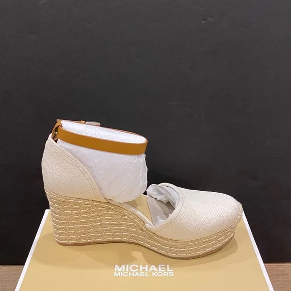 Michael Kors Kendrick Cream Espadrille Wedges Canvas Sandals Shoes Heels NEW