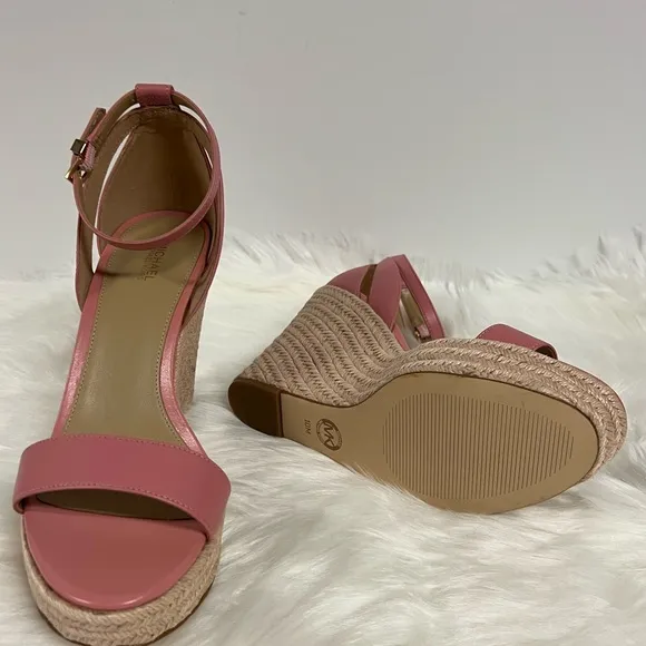Michael Kors Kimberly Leather Platform Espadrille Wedges In Coral Size 10 NWOB