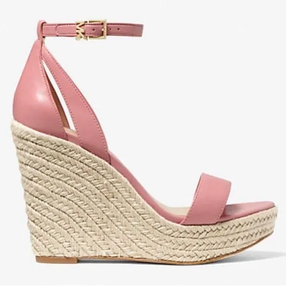 Michael Kors Kimberly Leather Platform Espadrille Wedges In Coral Size 10 NWOB
