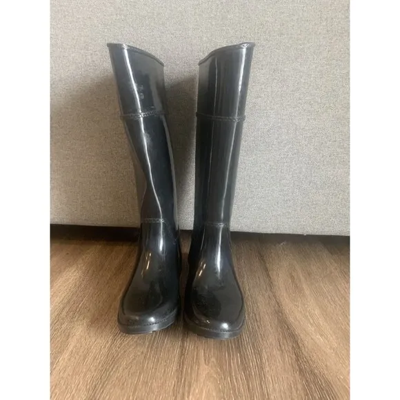 Michael Kors Knee High Shiny Black Rain Boots Almond Toe Gold Logo Womens Size 7