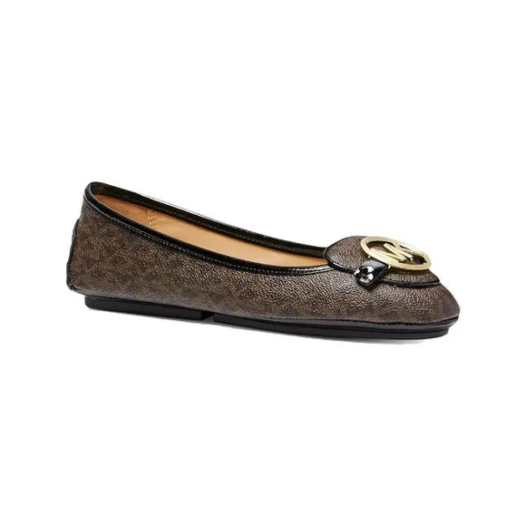 Michael Kors Lillie Moc Flats Women Brown Leather Mini MK Logo Moccasin FZP206