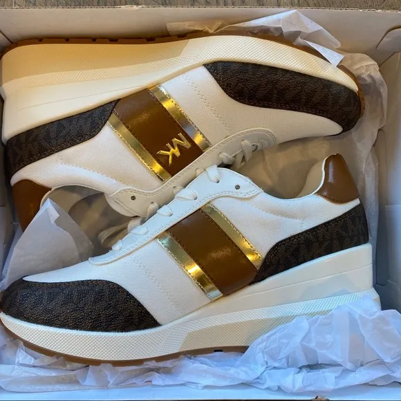 Michael Kors Mabel Brown MK Trainer Wedges Sneakers Shoes Flats Multi Size NEW