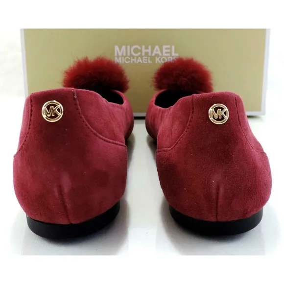 Michael Kors Remi Ballet Flat Shoes Pom Pom Mulberry Red Suede / Fur Size 7
