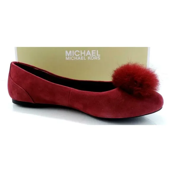 Michael Kors Remi Ballet Flat Shoes Pom Pom Mulberry Red Suede / Fur Size 7