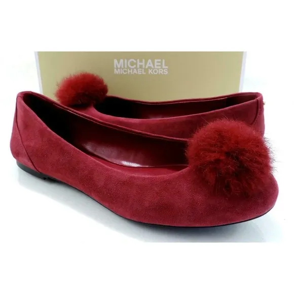 Michael Kors Remi Ballet Flat Shoes Pom Pom Mulberry Red Suede / Fur Size 7