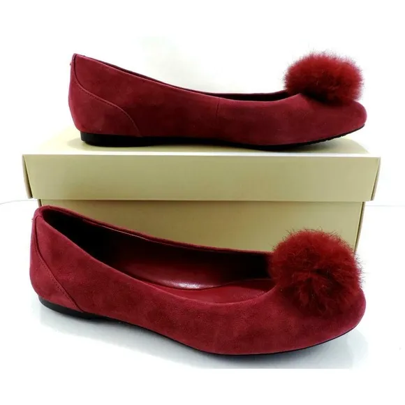 Michael Kors Remi Ballet Flat Shoes Pom Pom Mulberry Red Suede / Fur Size 7
