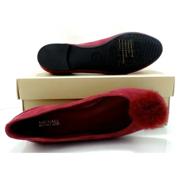 Michael Kors Remi Ballet Flat Shoes Pom Pom Mulberry Red Suede / Fur Size 7
