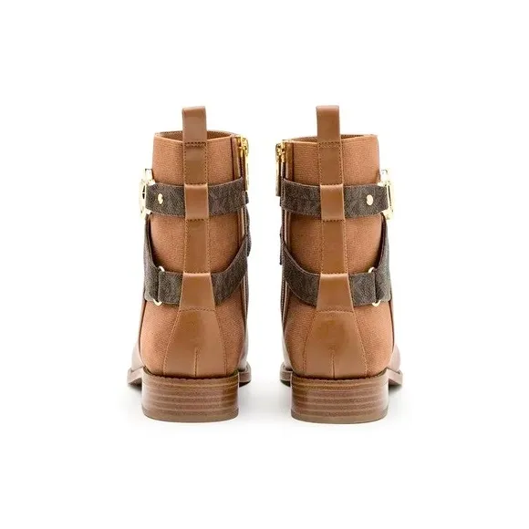 Michael Kors Rory Flat Bootie Ankle Boots MK Logo Hardware Luggage Size 6
