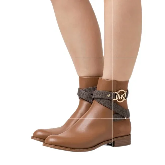 Michael Kors Rory Flat Bootie Ankle Boots MK Logo Hardware Luggage Size 6