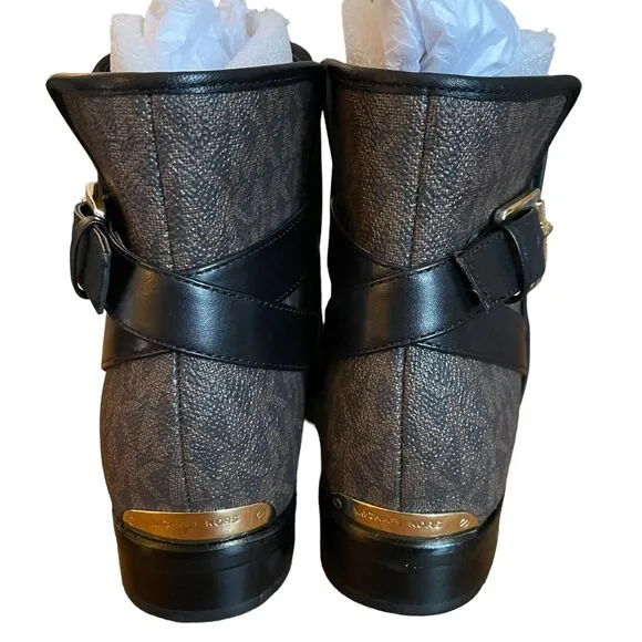 Michael Kors Salem Bootie Shoes Size 5 Black Brown Leather Buckle Straps