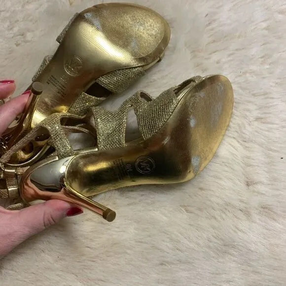 Michael Kors  Yvonne Gold glittered strappy heels size 8