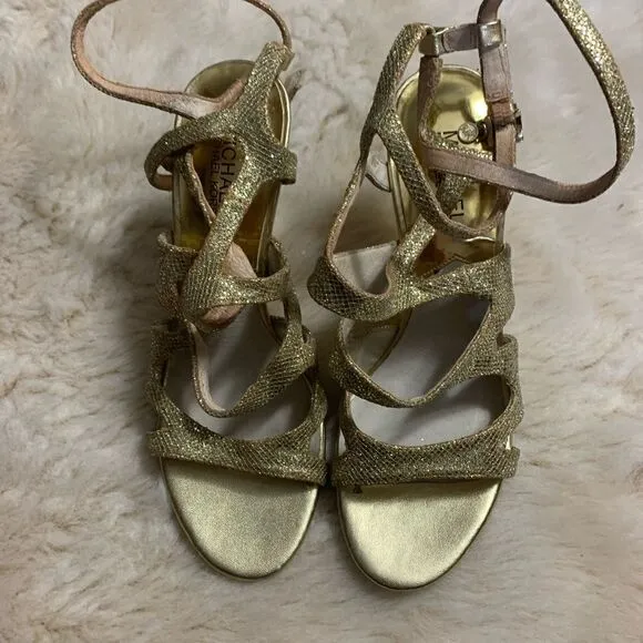 Michael Kors  Yvonne Gold glittered strappy heels size 8