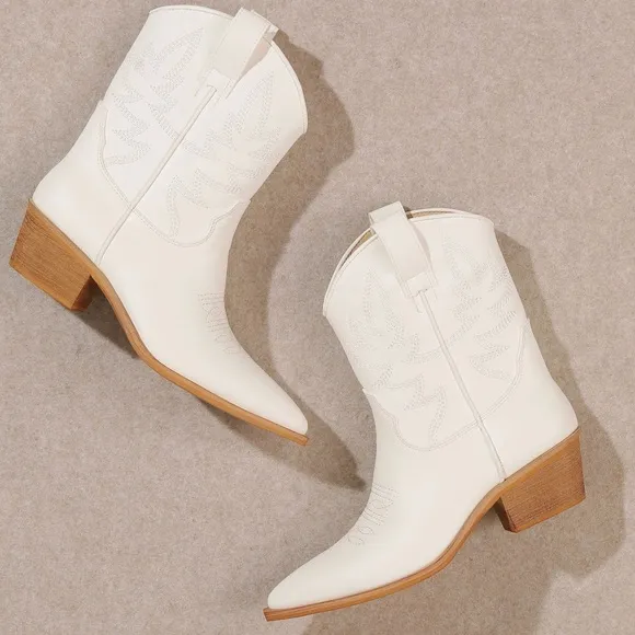 MIIM Claire White Vegan Leather Festival Embroidered Low Cowboy Boot