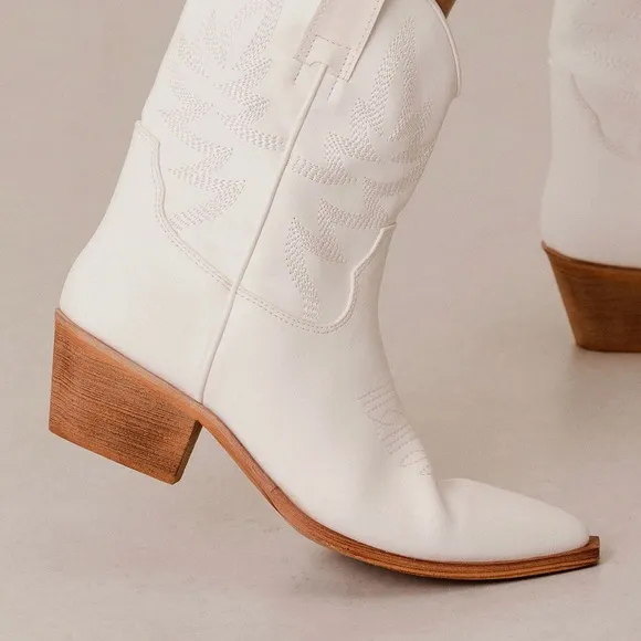 MIIM Claire White Vegan Leather Festival Embroidered Low Cowboy Boot