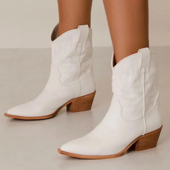 MIIM Claire White Vegan Leather Festival Embroidered Low Cowboy Boot